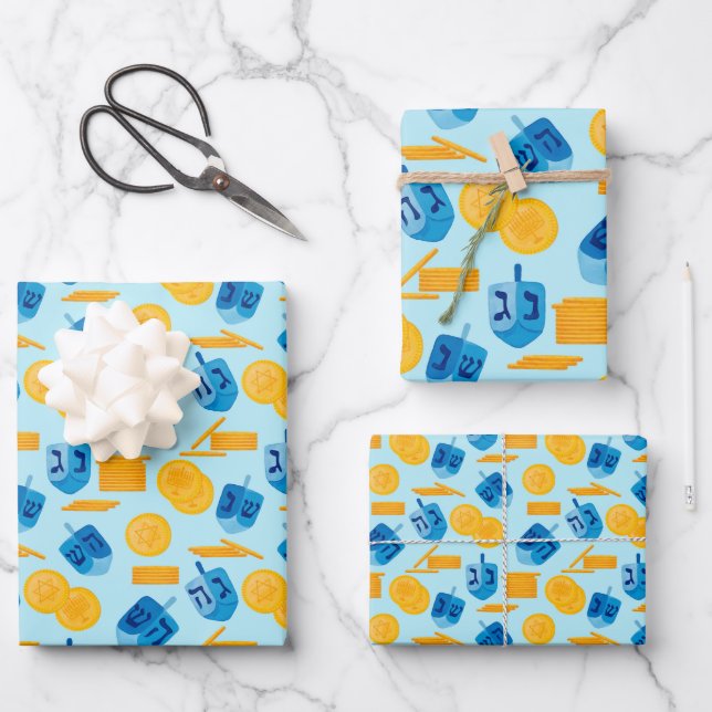 Hanukkah Dreidel Game Gelt Dark Blue Geschenkpapier Set (Vorderseite)