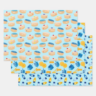 Hanukkah Dreidel, Gelt, Sufganiyot, String Lights Geschenkpapier Set