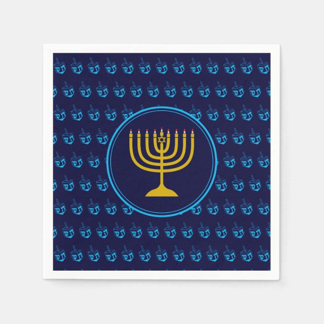 HANUKKAH | Dreidel Menorah BLUE Paper Serviette (Vorderseite)