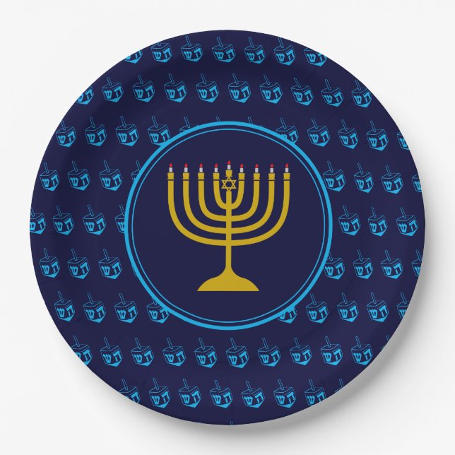 HANUKKAH Dreidel Menorah Israeli Blue Silver Pappteller (Vorderseite)