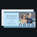 Hanukkah Dreidel Photo Card Feiertagskarte<br><div class="desc">A spinning dreidel shows shin,  hey,  gimel and nun on this Hanukkah photo card with your own photo right above. The subtle Star of David background enhances your personalized message accented by another Star of David. Available in alternate colors with matching products.</div>