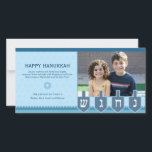 Hanukkah Dreidel Photo Card Feiertagskarte<br><div class="desc">A spinning dreidel shows shin,  hey,  gimel and nun on this Hanukkah photo card with your own photo right above. The subtle Star of David background enhances your personalized message accented by another Star of David. Available in alternate colors with matching products.</div>