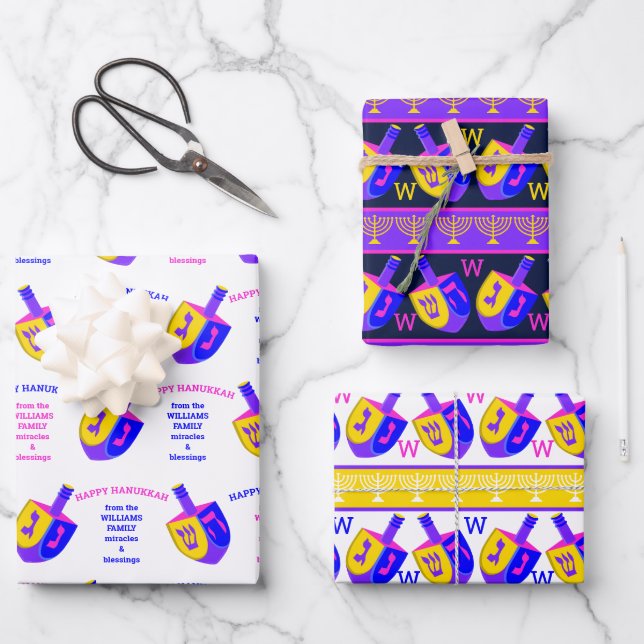 Hanukkah Dreidels farbiges Monogramm-Sortiment Geschenkpapier Set (Vorderseite)