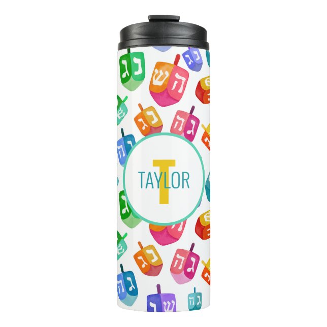 Hanukkah Dreidels Rainbow Watercolor Holiday Thermosbecher (Vorderseite)