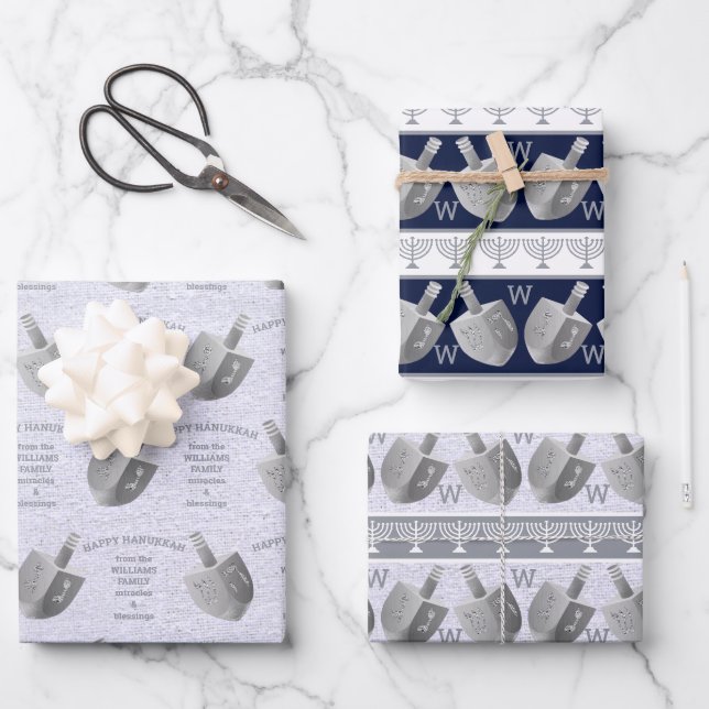 Hanukkah Dreidels Silver Monogram Sortiment Geschenkpapier Set (Vorderseite)