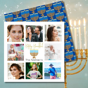 Hanukkah Familie Foto Collage Gold Blue Feiertagskarte
