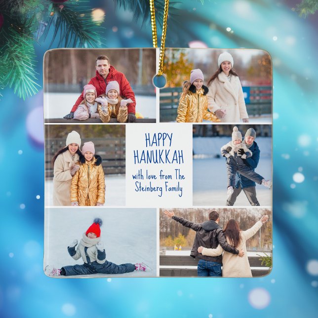 Hanukkah Family Photo Collage Cute Custom 2 Sided Keramikornament (Von Creator hochgeladen)