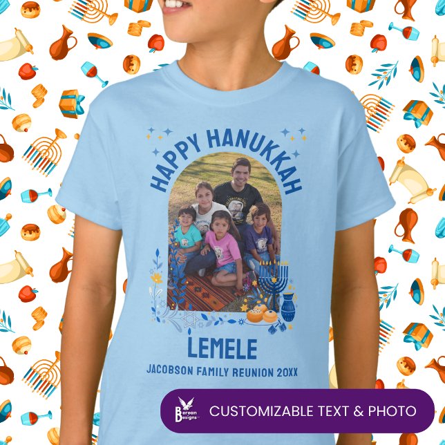 HANUKKAH FAMILY WIEDERSEHEN Custom LEMELE Kids T-Shirt (Customizable photo and text for Hanukkah family reunion. Matching shirt and gifts available.)