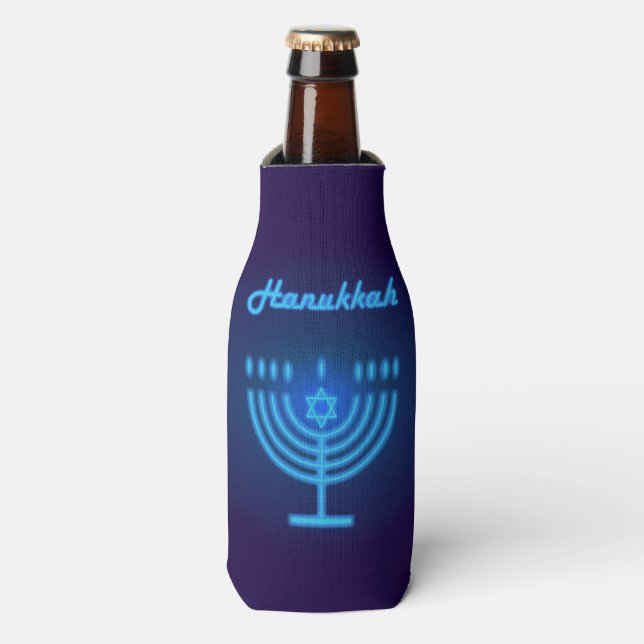 Hanukkah Festival Menorah Logo dekoriert blau Flaschenkühler (Flaschenvorderseite)