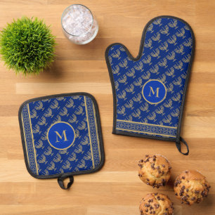 Hanukkah-Festparty Gold-Menora-Monogramm Ofenhandschuh & Topflappen-Set
