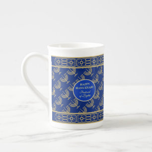 Hanukkah-Festparty Goldene Menora blaues Muster Prozellantasse