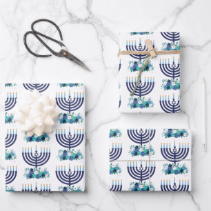 Hanukkah Floral Menorah Hochzeitblumen Geschenkpapier Set