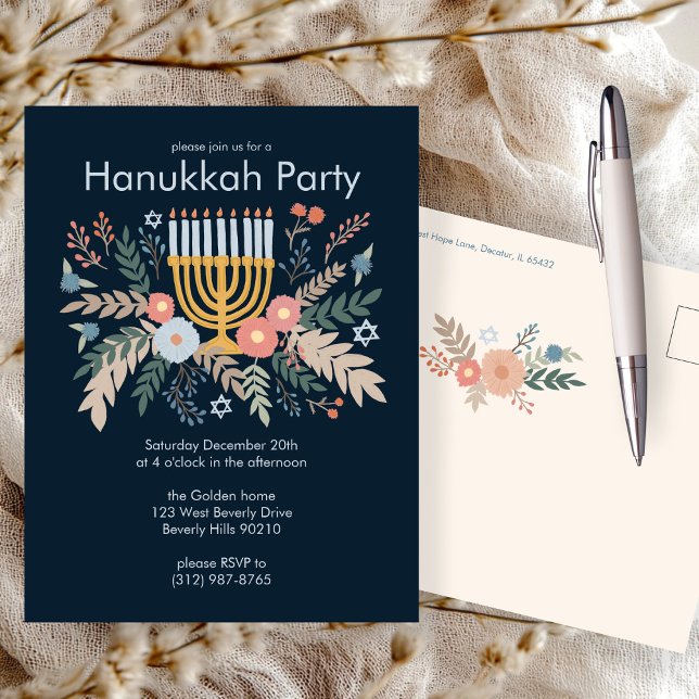 Hanukkah Florals Hand zeichnend CUSTOM-Party Einla Postkarte (Hanukkah Florals Hand-draw CUSTOM Party Invitation Postcard
)