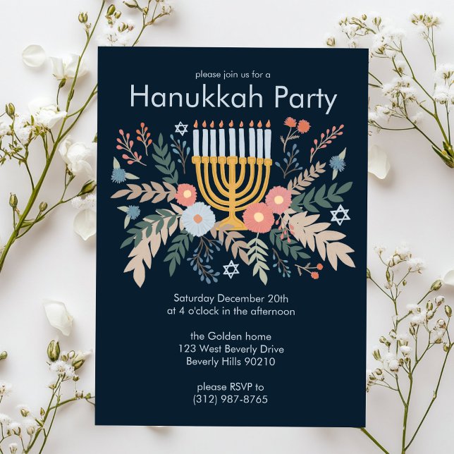 Hanukkah FLorals Handgezeichnet Art CUSTOM Party Einladung (Hanukkah FLorals Hand-drawn Art CUSTOM Party Invitation
)