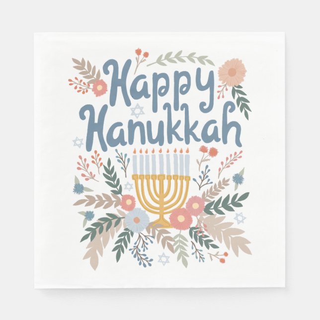 Hanukkah FLorals Handgezeichnet Kunst CUSTOM Serviette (Vorderseite)