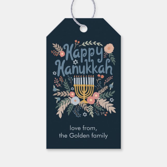 Hanukkah Florals Handzeichn CUSTOM Geschenkanhänger (Vorderseite)
