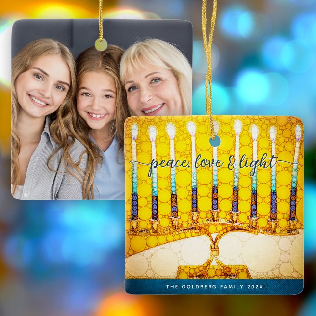 Hanukkah Foto Peace Liebe Light Yellow Menorah Keramikornament (Von Creator hochgeladen)