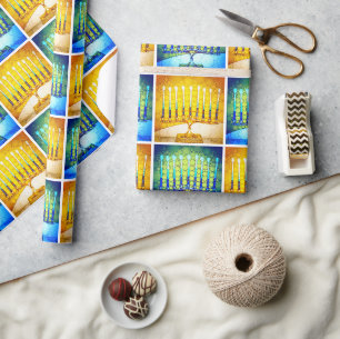 Hanukkah Gelbe Blaue Menora-Muster Modern Chic Geschenkpapier
