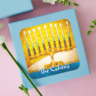 Hanukkah Gelbgold Menorah Türkis Blau Benutzerdefi Quadratischer Aufkleber