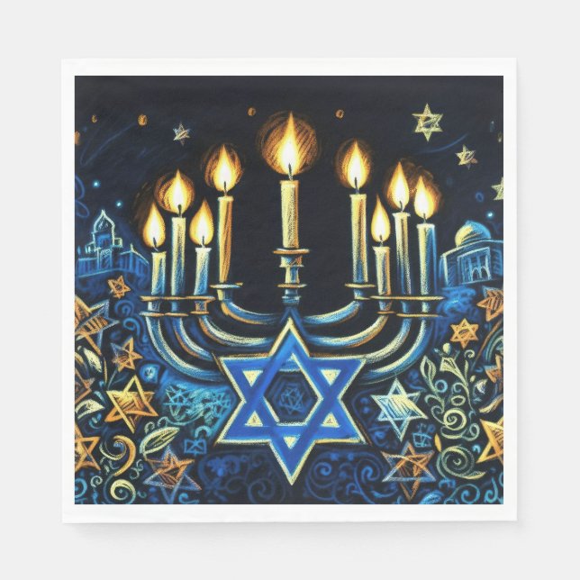 Hanukkah Geschenk Menorah Pastel Zeichnend Serviette (Vorderseite)
