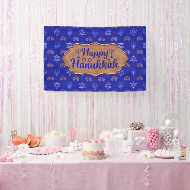 Hanukkah Gold Dreidel Star von David Menorah Blue Banner (Party)
