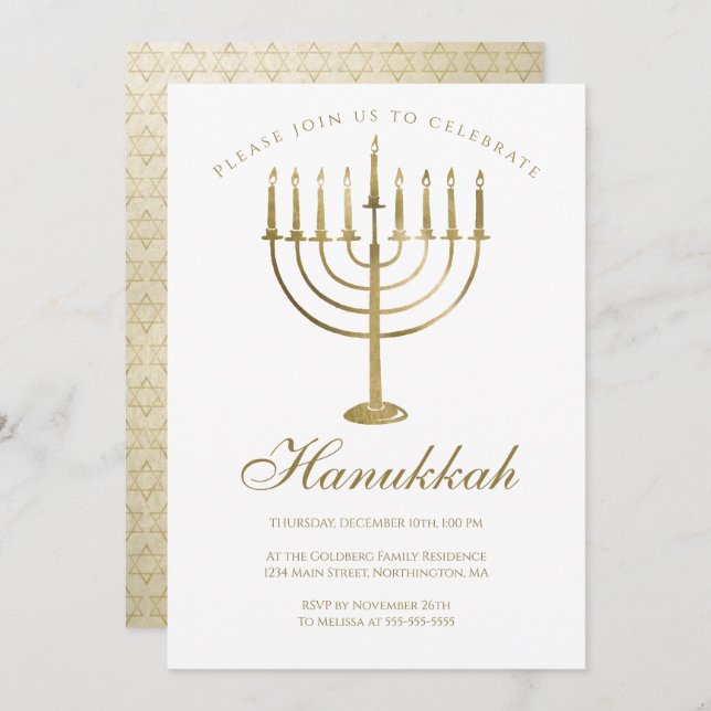 Hanukkah Gold Menorah Star der David Celebration Einladung (Vorne/Hinten)