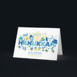 Hanukkah Happy Holidays Personalisiert Name Feiertagskarte<br><div class="desc">Dieses Ferien-Design enthält den Text "Hanukkah" in modernen blauen Typografie umgeben von Symbolen wie dreidels, menorah, torah, Kerzen und mehr. Unten ist der Text "Happy Holidays" mit Ihrem Familiennamen. #hanukkah #chanukah #holidays #saisonale #festive #star #starofdavid #menorah #dreidel #drittel #gift #gift #candle #light #jewish #personalisiert #personalisiert #addyourown #custom #cards #greetings #greetingcards...</div>
