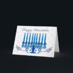 hanukkah holiday card with menorah in blue and whi feiertagskarte<br><div class="desc">hanukkah holiday card with menorah in blue and white Menorah Hanukkah Greeting Card In Blue And White, Menorah made using graphic tablet, at the bottom two olive branches, Happy Hanukkah, you can have this personalised with names and family names, just press the artist pallet on the card for the request....</div>