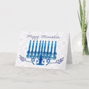hanukkah holiday card with menorah in blue and whi feiertagskarte