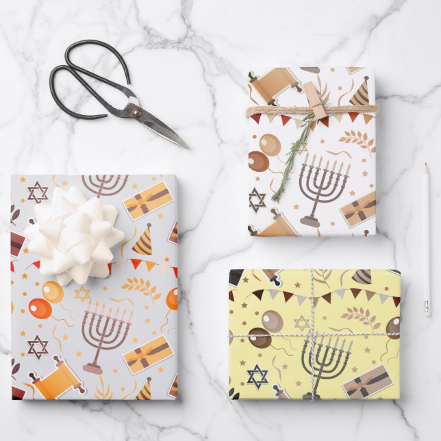 Hanukkah Jüdische Feiertage Klassische Symbole Geschenkpapier Set (Vorderseite)