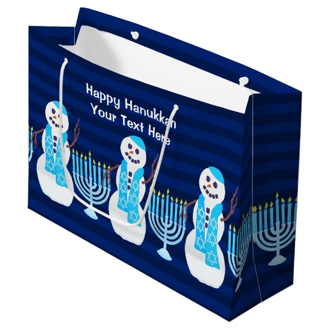 Hanukkah jüdischer Schneemann Blue Menorah für Kin Große Geschenktüte (Vorderseite Schrägansicht)