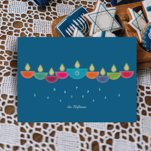 Hanukkah-Karte   Farbenfrohe Öllampe Menorah   Aqu Einladung