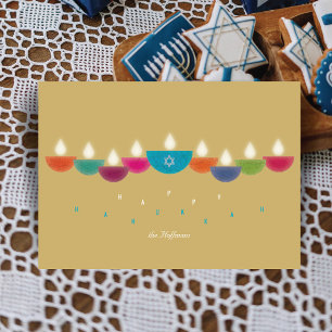 Hanukkah-Karte Farbige Öllampen Menora Gold Einladung