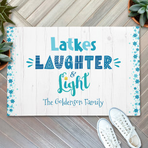 Hanukkah Latkes Lachen Licht Blau und Weiß Holz Fußmatte