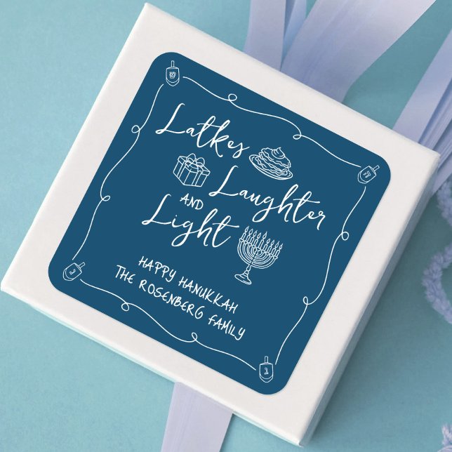 Hanukkah Latkes Laughter Light Navy Hand Drawn Fun Quadratischer Aufkleber (Von Creator hochgeladen)
