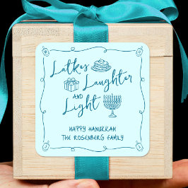 Hanukkah Latkes Laughter Light Teal Hand Drawn Fun Quadratischer Aufkleber