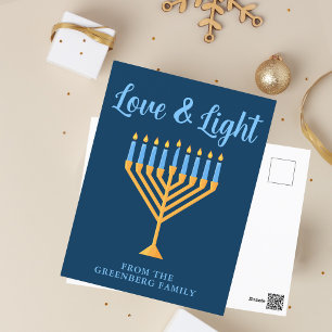 Hanukkah Liebe & Light Custom Blue Gold Menorah Postkarte