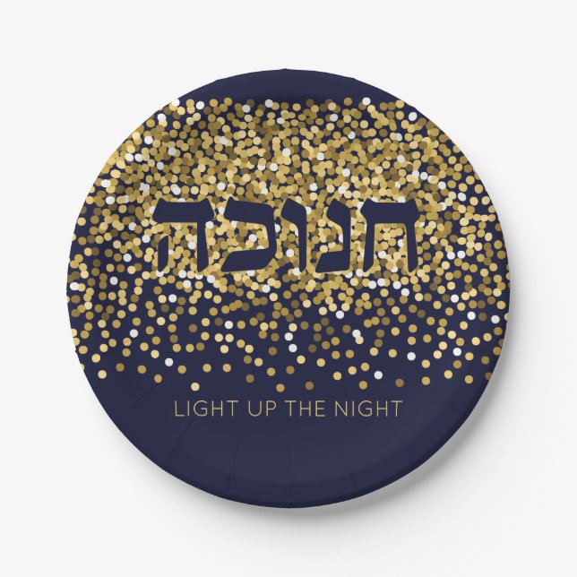 Hanukkah Lighting the Night Gold/Navy Glitzer 2 Pappteller (Vorderseite)