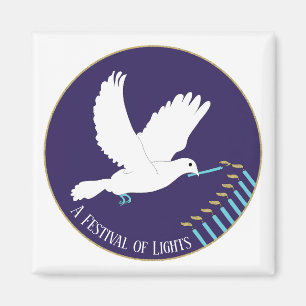 Hanukkah Magnet Square White Dove Candles Lit