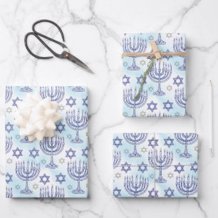 Hanukkah-Menora Stern Davids Doodle-Kunststil Geschenkpapier Set