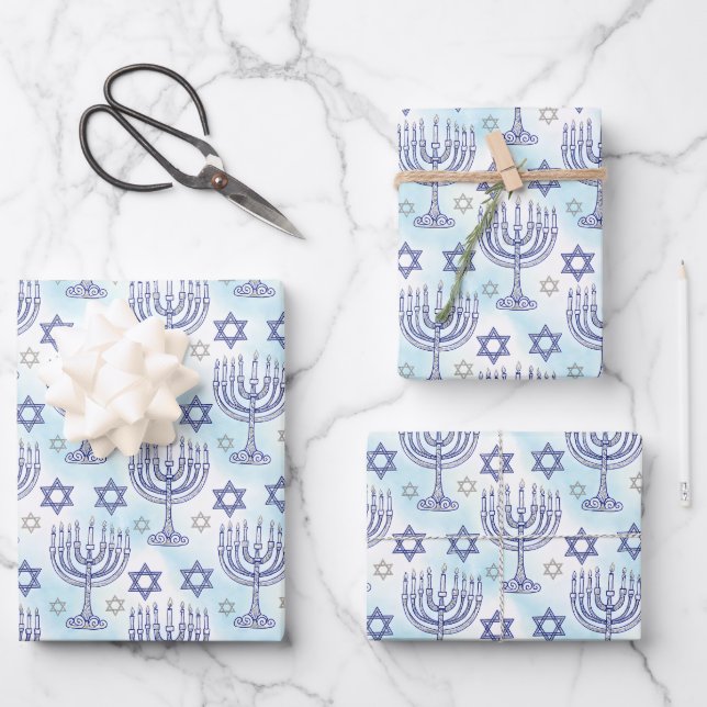 Hanukkah-Menora Stern Davids Doodle-Kunststil Geschenkpapier Set (Vorderseite)