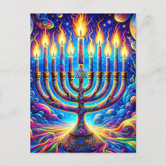 Hanukkah menorah aglow in psychedelischen Farben Postkarte (Vorderseite)