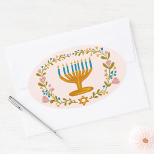 HANUKKAH Menorah Blumenkranz Jüdischer Feiertag Ovaler Aufkleber