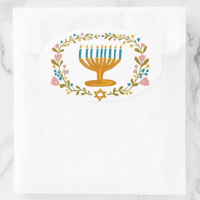HANUKKAH Menorah Blumenkranz Jüdischer Feiertag Ovaler Aufkleber (Tasche)