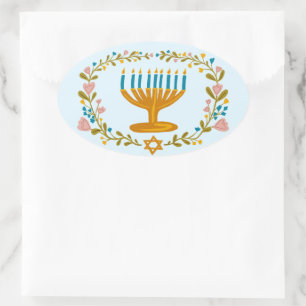 HANUKKAH Menorah Blumenkranz Jüdischer Feiertag Ovaler Aufkleber
