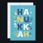 HANUKKAH Menorah Dreidel Greeting Card<br><div class="desc">Unsere Hanukkah Grußkarte mit einem dreidel, menorah, gelly donut und jüdischen Stars von David ist eine schöne, lustige Art, Familie und Freunden ein Happy Hanukkah im Stil zu wünschen. . Personalisieren Sie mit Ihrem persönlichen Gruß auf der Rückseite, um es wirklich eine Art zu machen. Happy Hanukka! Brauchen Sie Hilfe...</div>