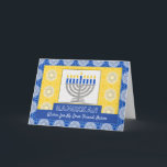 Hanukkah Menorah für Friend Star von David Feiertagskarte<br><div class="desc">Eine silberne Menorah mit blauen Kerzen auf verziertem Hintergrund schmückt das Cover dieser Happy Hanukkah-Karte für einen Freund. Fügen Sie den Namen Ihres Freundes zum Cover für einen personalisierten Gruß hinzu. Die Karte hat einen Mosaikfliesen-Textur-Look. Art,  Bild und Vers Copyright © Shoaff Ballanger Studios,  2023.</div>