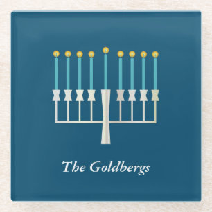 Hanukkah Menorah in Blue Custom Familienname Glasuntersetzer