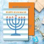 Hanukkah Menorah Modern Blue Grußkarte Feiertagskarte<br><div class="desc">Mit diesem modernen gestreiften Menorah-Design können Sie Ihre Hanukah-Wünsche ändern. Noch immer mit den traditionellen saisonalen Farben. Die blaue Menorah hat orangefarbene Flammen. Blues und Orangen. Auf der Rückseite ist Platz für Ihre Urlaubsbotschaft mit dem Wort "Liebe und Licht", das gelöscht werden kann, wenn Sie es nicht gewollt haben. Modernes...</div>