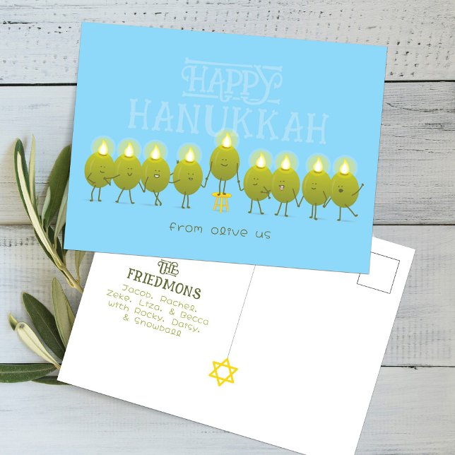 Hanukkah Menorah Olives, Baby Blue Group Postkarte (Von Creator hochgeladen)